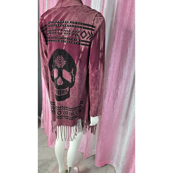 Vocal Skull Crystal Maroon Aztec Fringe Cotton Cardigan Jacket Size Medium - Picture 15 of 16